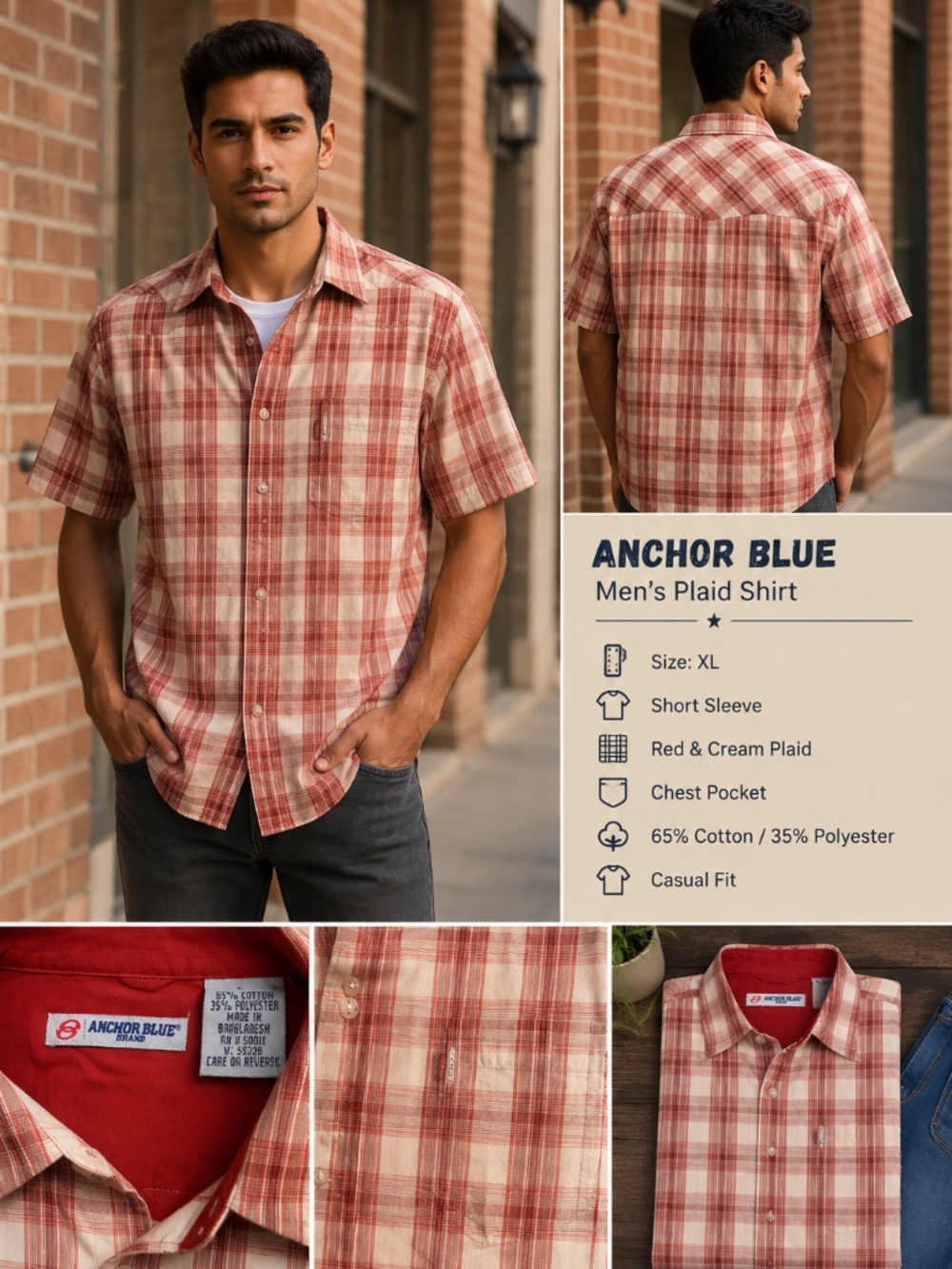 le Anchor Blue Men’s XL Red Cream Plaid Short Sleeve Button Down Shirt